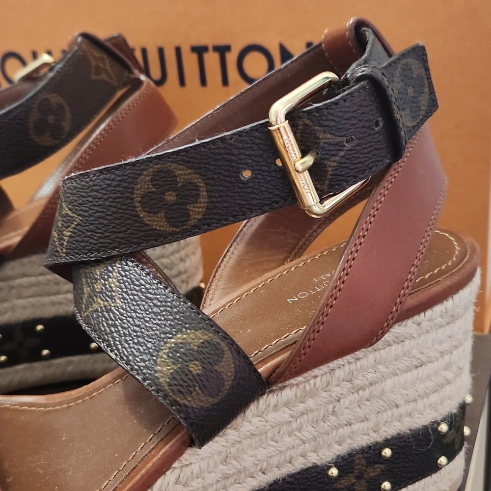 Louis Vuitton Brown Monogram Leather Platform Espadrille Sandals